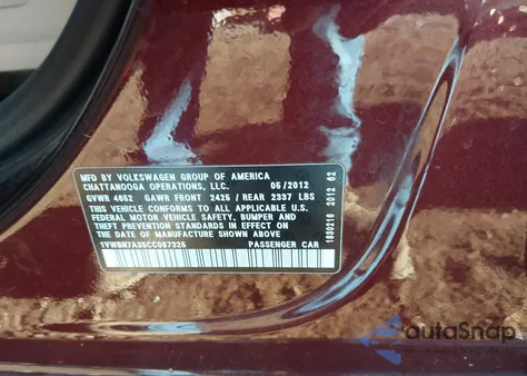 2012 Volkswagen Passat 2.0L Tdi Se z USA, uszkodzony, nr VIN 1VWBN7A35CC087325